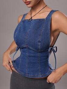 TRNVIE Women's Casual Knotted Design Versatile Date Outing Denim Top - Medium Wash - View 3