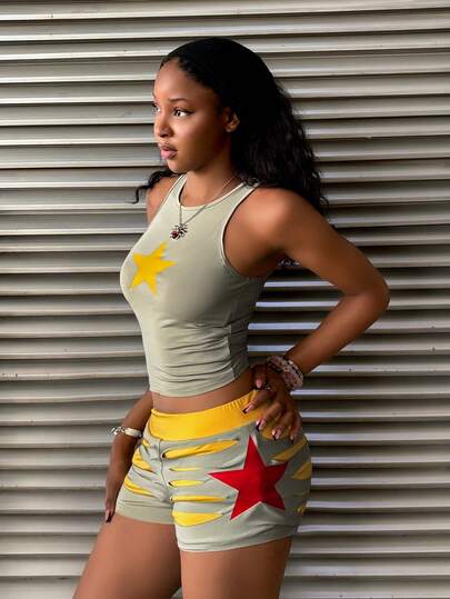 StreetHx Women's 2000s Style Y2K Clothes, Going Out Outfits, Casual Street Colorblock Fitted 2 Pieces Set, Autumn/Spring