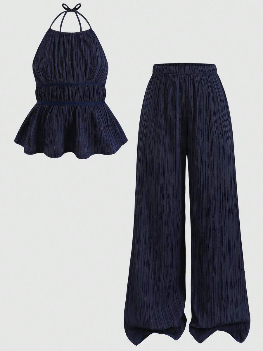 SHEIN Tween Girl Casual Sleeveless Ruffle Hem Crop Top And Pants Set - Navy Blue - View 1