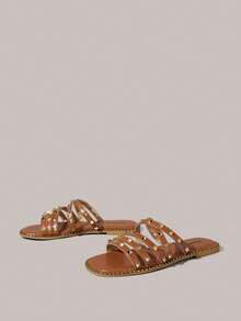 Styleloop Riveted Roman Sandals Women's Spring And Summer New Bohemian Woven Cross Belt Travel Women's Shoes, Summer Wear Vacation, Beach, Leisure - Brown - View 2