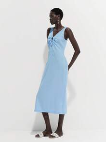 Lumivelle Women's Elegant Textured V-Neck Ruched Sleeveless Midi Dress, Suitable For Summer Vacation - Baby Blue - View 4