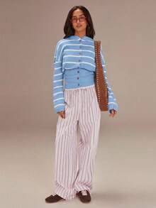 Athîral Women's Striped Drop Shoulder Long Sleeve Single-Breasted Cardigan - Baby Blue - View 3