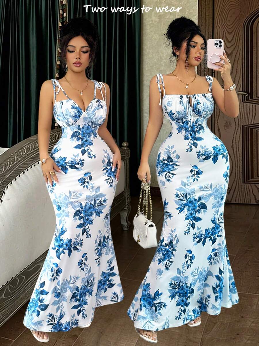 Elenzga 新款吊带弹力针织印花美人鱼下摆双面连衣裙，优雅性感度假百搭长裙，女士 - 彩色 - 查看 1