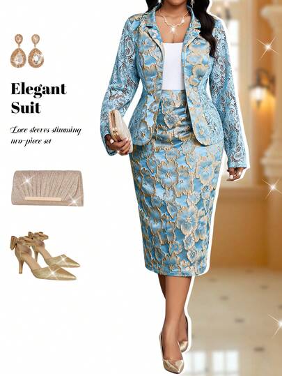 Fleurora Plus Size Women Jacquard Mottled Collar Contrast Lace Long Sleeve Jacket And Midi Skirt Elegant Suit Set