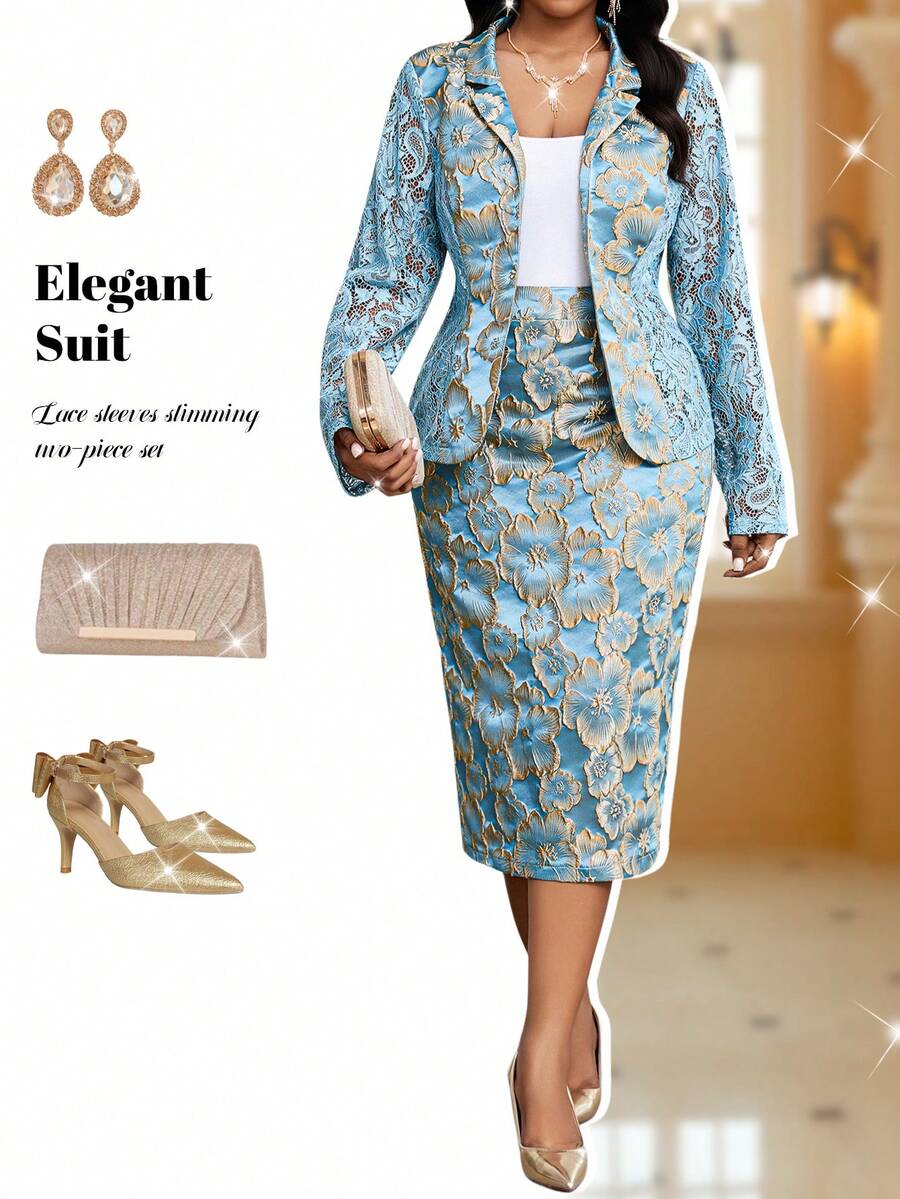 Fleurora 大码女式提花撞色领蕾丝长袖外套和中长裙优雅套装