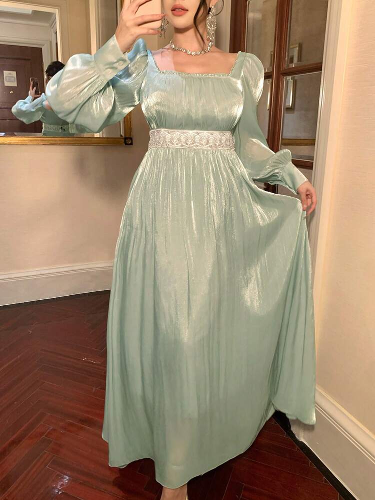 Women's Square Neck Mesh Waist Cinching Long Dress Sundress