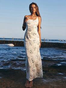 Opulessa Vestido de mujer con tirantes de cuentas de unicolor, adecuado para vacaciones de primavera/verano - Albaricoque - Ver 2