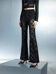 Airlisse Quần legging ren ống loe gợi cảm thời trang Y2K dành cho nữ, phong cách thiên niên kỷ cho mùa xuân/hè. - màu đen - Xem 4