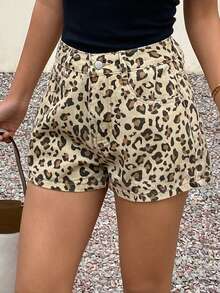 Women's Leopard Print Casual Pocketed Versatile Denim Shorts Jorts - Coffee Brown - View 3