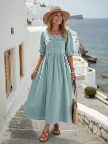 EMERY ROSE Women's Solid Color Simple Short Sleeve Long Dress, Casual Daily Wear Going Out Dress Modest Dress  Old Money Dress Homecoming Dress Vacation Dress  Casual Dresses For Woman  Fall Women Clothes Fall Clothes Autumn Clothes Teacher Outfits For Women Teacher Outfits For Women Teacher Outfits 100 Cotton Dresses Casual Long Dress Cottagecore Dress Smocked Women Dress Puff Sleeve Dress - Mint Green - View 6