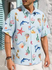 VIVINTIMO 男士清爽海岛海洋生物印花度假衬衫 男士沙滩衬衫 纽扣动物夏威夷衬衫 男士趣味度假衬衫 纽扣海豚印花衬衫 男士度假衬衫 - 彩色 - 查看 1