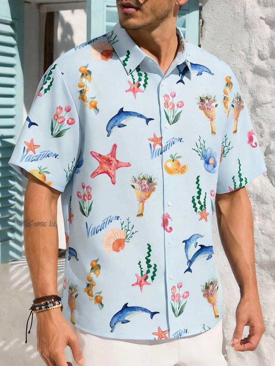 VIVINTIMO 男士清爽海岛海洋生物印花度假衬衫 男士沙滩衬衫 纽扣动物夏威夷衬衫 男士趣味度假衬衫 纽扣海豚印花衬衫 男士度假衬衫 - 彩色 - 查看 1