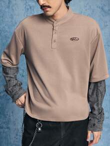 ROMWE MEN Street Life Men's Contrast Color Patchwork Distressed Pullover Pullover Sweatshirt - Brown - View 5