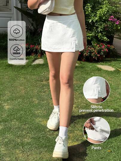 Solflare 大码女士休闲纯色A字裙，春夏款，适合2026年嘉年华女性造型，外出、海滩、度假皆宜，白色裤裙，松紧腰开衩设计，带裤衬，防止走光，面料舒适。