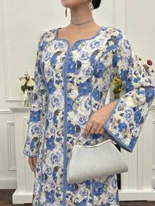 Yasmyna Đầm dài tay in hoa kiểu Ả Rập dành cho nữ - Màu xanh lam - Xem 6