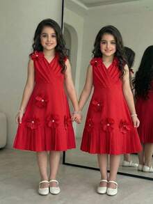 SHEIN Tween Girl Elegant 3D Floral Pleated Full Skirt Cinched Waist Sleeveless Beaded Woven Dress Red Tween Girl - Red - View 4
