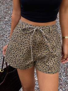 DAZY Shorts vaqueros casuales con cordones y estampado de leopardo para mujer - Café integral - Ver 6