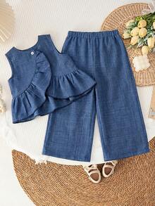 LMoss Kids Baby Girl Plaid Ruffle Trim Casual Shirt And Loose Fit Wide Leg Pants Set - Multicolor - View 3