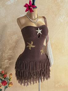 Soleia Spring/Summer New Casual Vacation Western Beach Wedding Guest Attire Graduation Brunch Dress, St. Patrick's Day Spring Break Easter Music Festival Elegant Boho Tropical Glamorous Metallic Sequin Fringe Starfish Decor Strapless Backless Knit Dress, Brown - Brown - View 1