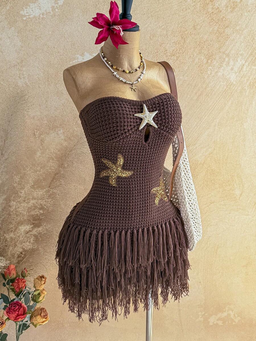 Soleia Spring/Summer New Casual Vacation Western Beach Wedding Guest Attire Graduation Brunch Dress, St. Patrick's Day Spring Break Easter Music Festival Elegant Boho Tropical Glamorous Metallic Sequin Fringe Starfish Decor Strapless Backless Knit Dress, Brown - Brown - View 1