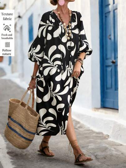 Breezaya New Summer Women's Dresses, Summer Outfits, Women's Dresses, Black And White Printed Women's Dresses, Beach Vacation Prints, Loose Lantern Sleeves, Long Women's Dresses, Beach Vacation Women's Dresses, Women's Vacation Outfits, Women's Dresses, Women's Casual Dresses, Women's Floral Dresses. Women Vacation Dress Long Sleeve Summer Dresses Casual Midi Dress Plus Size Boho Dress