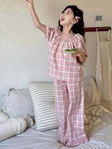 DAZY Tween Girl Plaid Print Bubble Short Sleeve Top And Ruffle Hem Wide Leg Loose Pants Pajama Set, Spring/Summer/Autumn - Pink - View 4