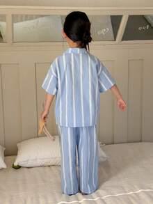 Dazy Kids 两件套女童条纹短袖上衣和裤子睡衣套装（夏季款） - 藍色 - 查看 6
