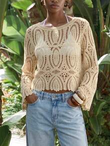 Maija Suéter de mujer con cuello redondo, mangas acampanadas y calado, ideal para vacaciones de verano - Albaricoque - Ver 4