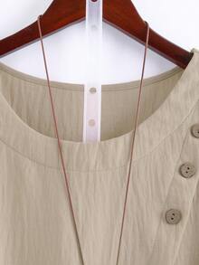 Linhara Plus Size Women Summer Casual Vacation Daily Commute Solid Color Button Decor Blouse - Khaki - View 7
