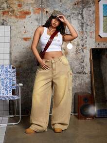 SHEIN ICON 大码休闲日常水洗袋鼠口袋宽松牛仔裤 - 卡其色 - 查看 4