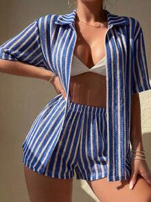 Swim Lushoire Women's Summer Beach Collared Front Open Striped Mesh Print Kimono Suit Shorts 2 Piece Set - Blue and White - View 1