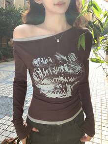 DAZY Women's Colorblock English Letter Print Asymmetric Shoulder Long Sleeve T-Shirt, Spring/Summer - Brown - View 1