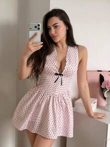 Livesso 春夏粉色波点印花拼接蝴蝶结休闲甜美连衣裙，适合情人节、婚礼、派对、宴会等场合，时尚鸡尾酒会礼服，深V领和收腰设计，优雅女士度假装扮，女士吊带裙 - 粉色 - 查看 9