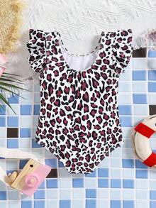 SHEIN Baby Girls Ruffled Sleeve Leopard Print One-Piece Swimsuit, Summer - Multicolor - View 3