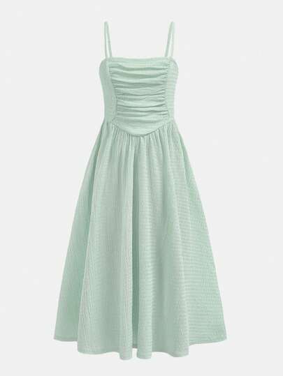 Girlism Tween Girl Solid Color Ruffle Waist Fitted Elegant Camisole Dress, Suitable For Holidays, Luncheons, Outings Summer Dress Picnic Dress Sage Dress Light Green Dress