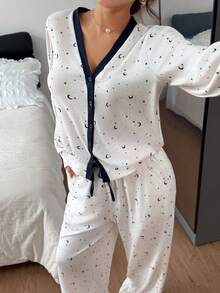 DAZY Star & Moon Ditsy Floral Contrast Trim Women Pajama Set - White - View 8