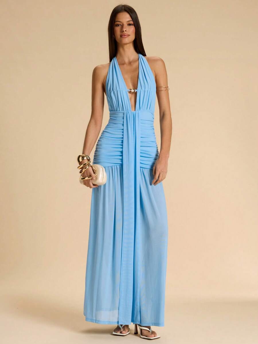 SHEIN BAE Women's Casual Vacation Deep V Beaded Waist & Hip Ruched Dress, Blue, Suitable For Beach Vacation, Sisters Leisure Vacation, Beach Party, Pool Party, Wedding Season, Brunch Party, Bridesmaid Dress, Birthday Dress - Baby Blue - View 1