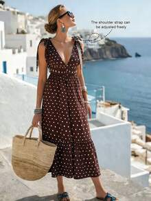 Breezaya 优雅性感V领细肩带蝴蝶结腰部荷叶边A字中长连衣裙，适合日常穿着和度假，春夏款 - 棕色 - 查看 10