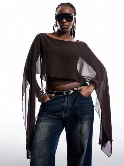 LYSMO Camiseta de malla transparente vintage marrón de talla grande minimalista