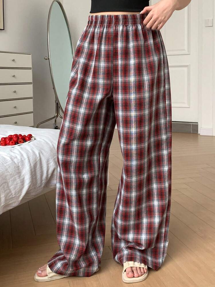 Plaid Loose Straight Leg Long Pajama Pants, Women Spring Homewear Bottom