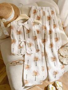 SHEIN 2pcs Girls Coconut Tree Print Bow Backless Camisole And Wide Leg Pants Set - Apricot - View 1
