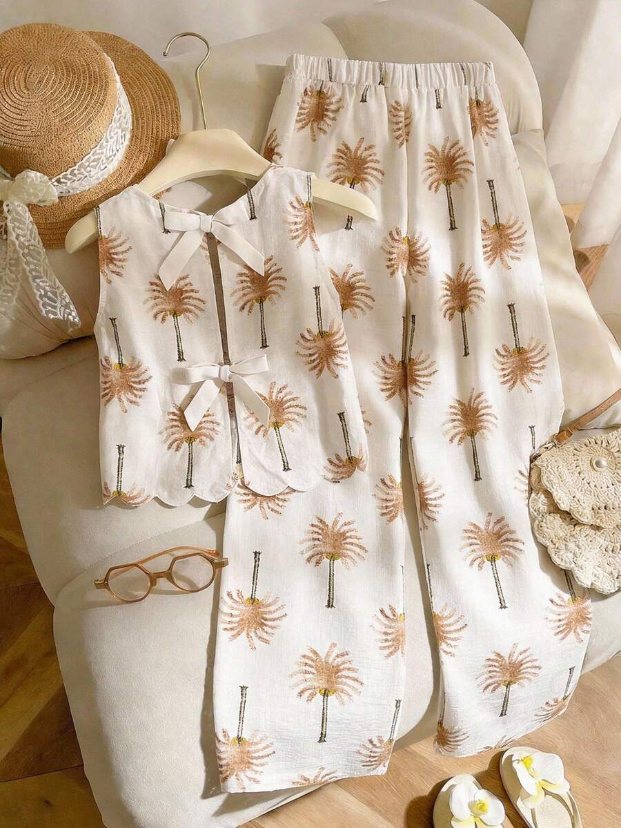 SHEIN 2pcs Girls Coconut Tree Print Bow Backless Camisole And Wide Leg Pants Set - Apricot - View 1