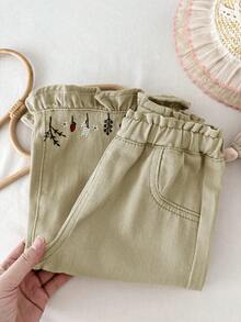 LMoss Kids Quần jean kaki dáng rộng thêu hoa cho bé gái - Màu be - Xem 5