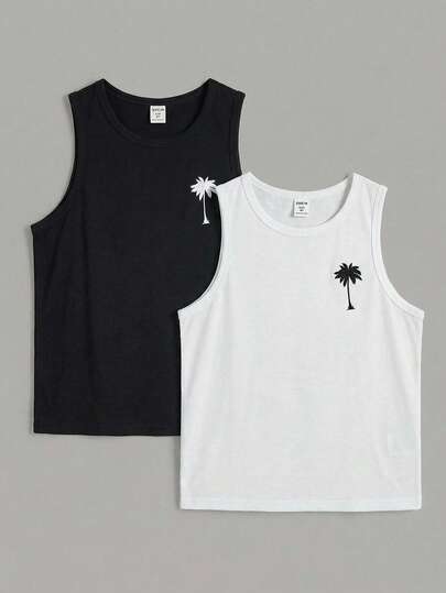 2pcs/Set Tween Boy Palm Tree Print Knit Tank Top