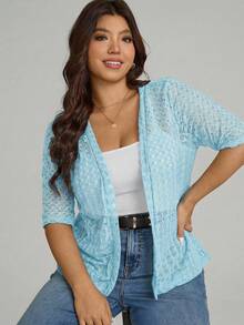 Comfylo 大码休闲纯色开襟短袖针织衫，夏季 - 淺藍色 - 查看 3