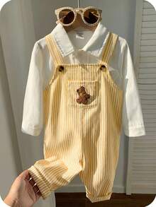 SHEIN 男婴休闲可爱百搭条纹卡通熊图案围兜连体衣 - 黃色 - 查看 8