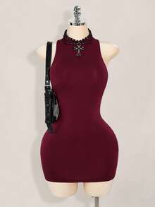 SHEIN ICON Solid Color Backless Sexy Casual Mini Dress - Burgundy - View 4