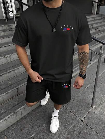 Manfinity Homme Men's Summer Black 2 Piece Set Oversized T-Shirt & Drawstring Shorts Matching Outfit Paris Letter Small Chest Logo Colorblock Square Graphic Print Round Neck Short Sleeve Old Money European Style Vacation Holiday Going Out Casual Loungewear Co-Ord Set,2pcs/Set Men's Casual Daily Commute Letter Print Short Sleeve Black T-Shirt And Drawstring Waist Shorts
