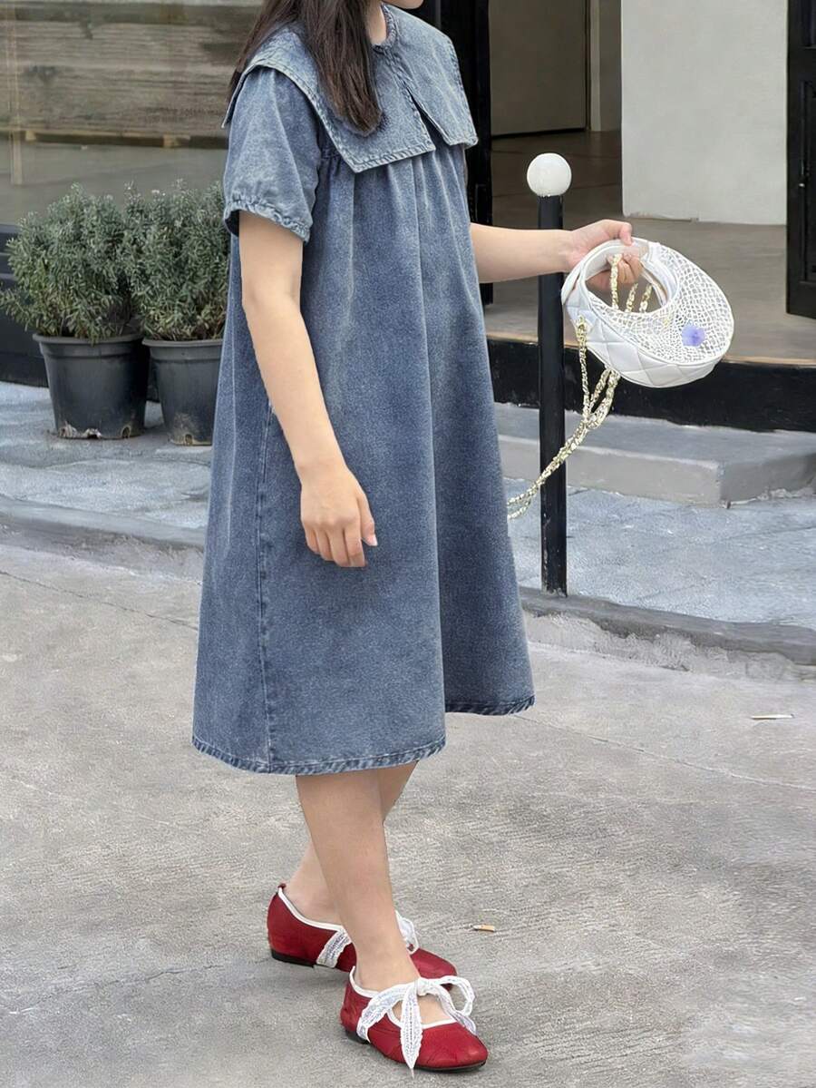 DAZY Tween Girl Solid Color Round Neck Casual Short Sleeve Denim Dress Summer - Blue - View 1
