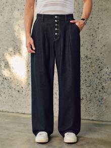 Manfinity EMRG 男士深蓝色水洗五扣宽松阔腿牛仔裤 - 深色水洗藍 - 查看 4